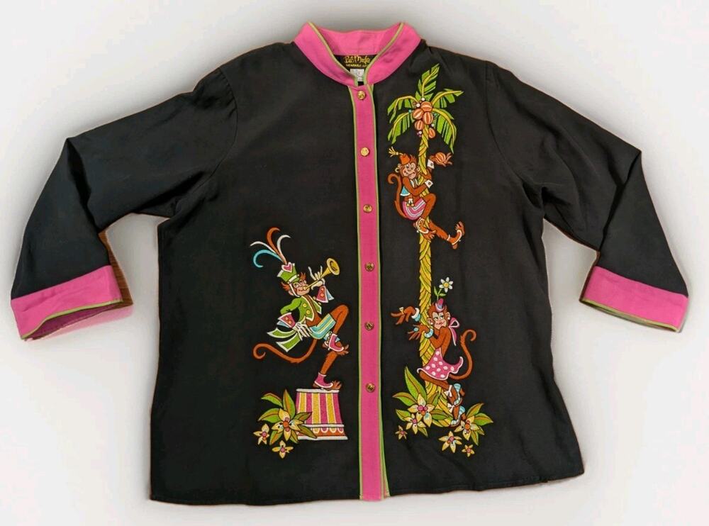VTG Bob Mackie Wearable Art 2X Embroidered Monkey Silk Blend Shirt Jacket